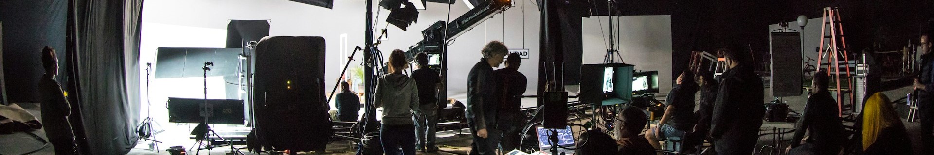 A panoramic view of an interior film set.